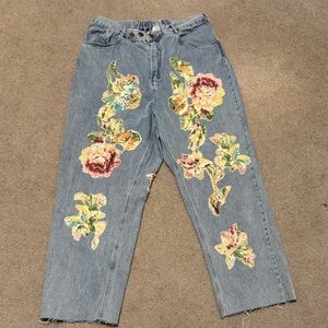 New no Tag Jaded Gypsy Light Blue Straight Leg Jeans with Floral Appliqués